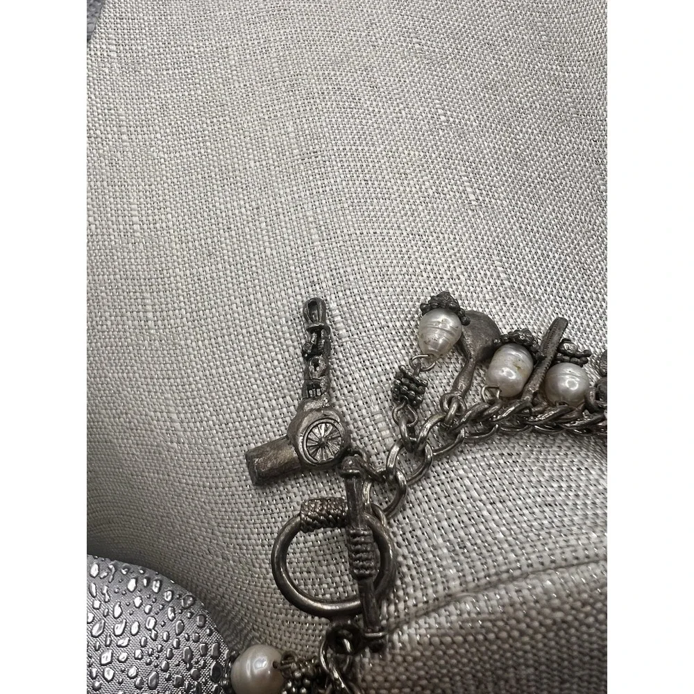 Silver Tone Vintage Charm Bracelet Toggle Clasp Hairdresser Comb Pearl Scissors